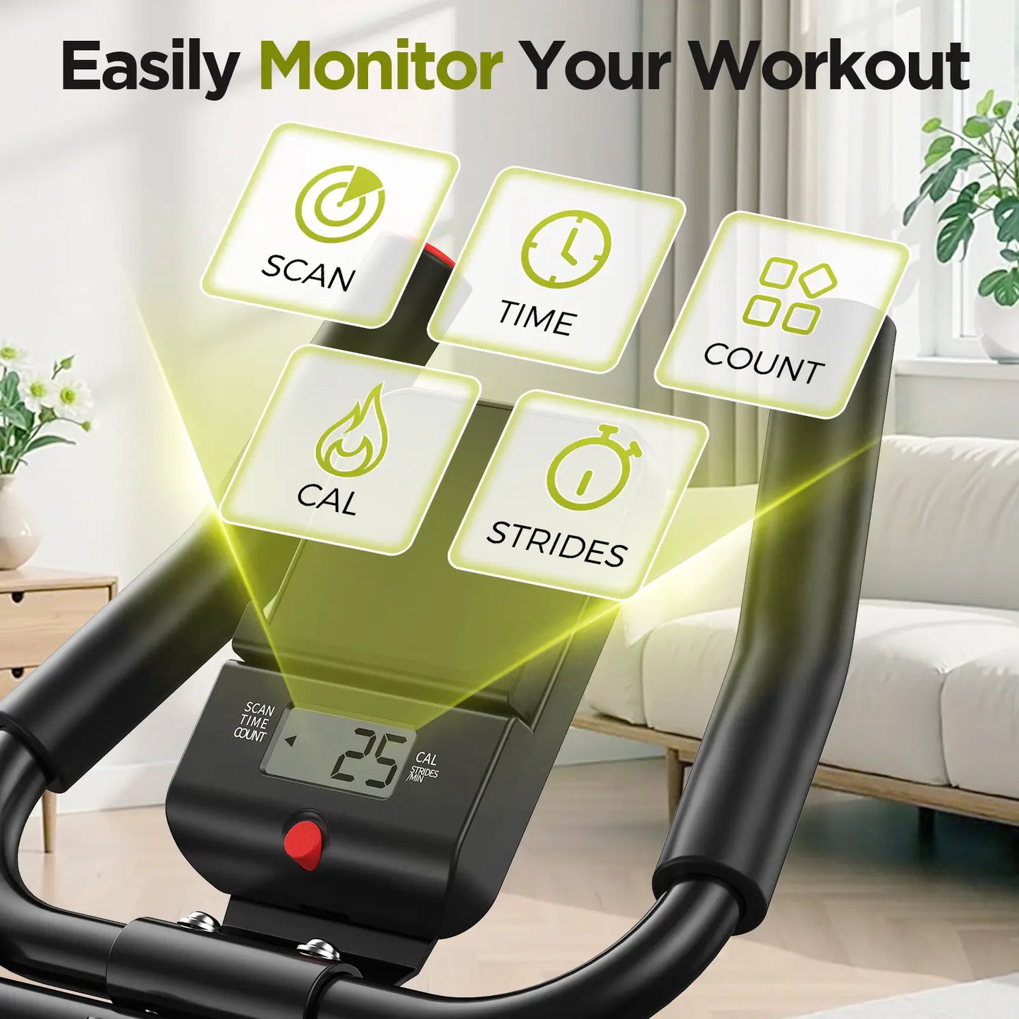 Exercise bike with digital display and icons indicating workout metrics in a home setting.