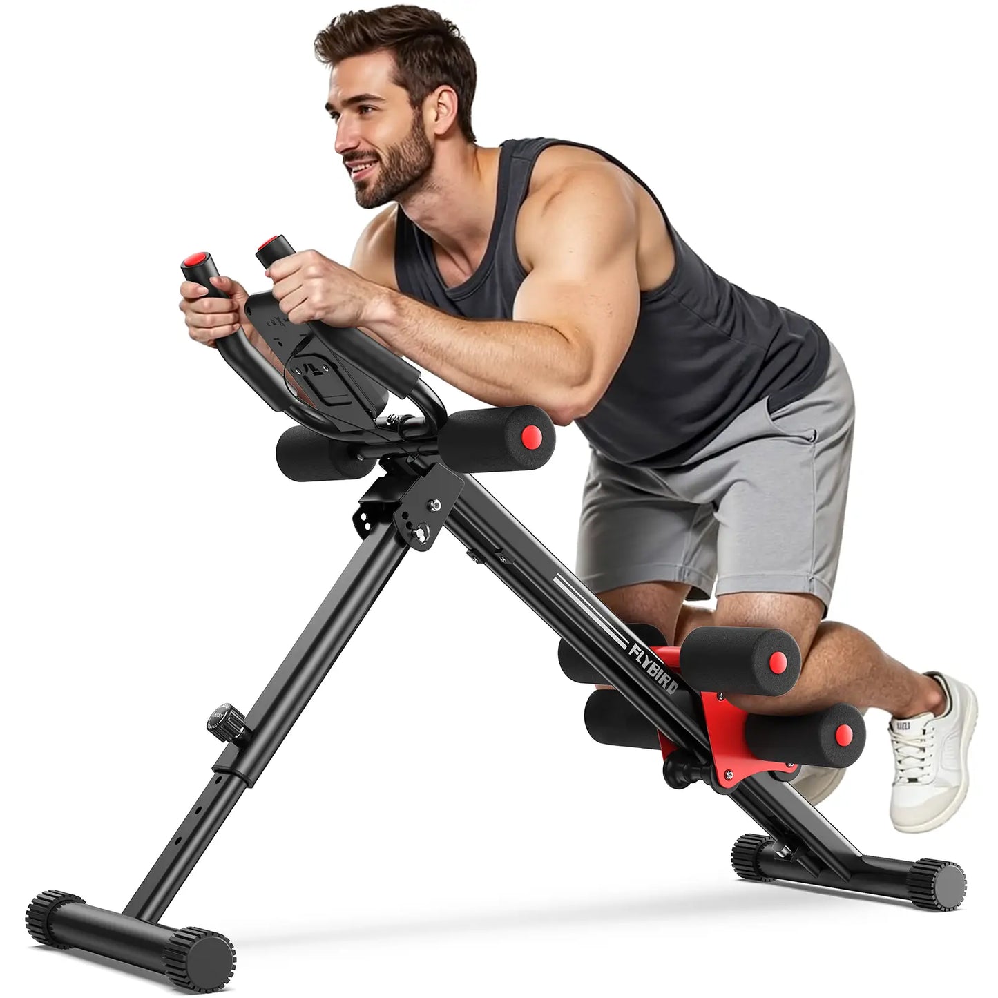 Man using a black and red exercise machine on a white background