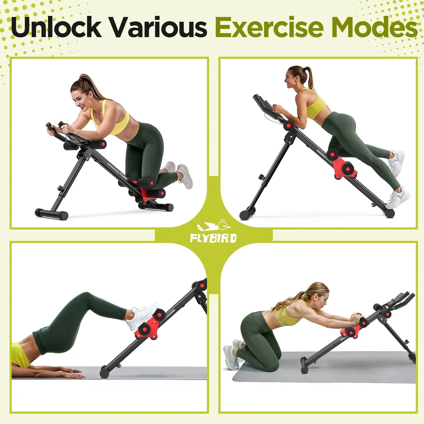 Woman using a multi-functional exercise machine in various positions with 'Flybird' branding.