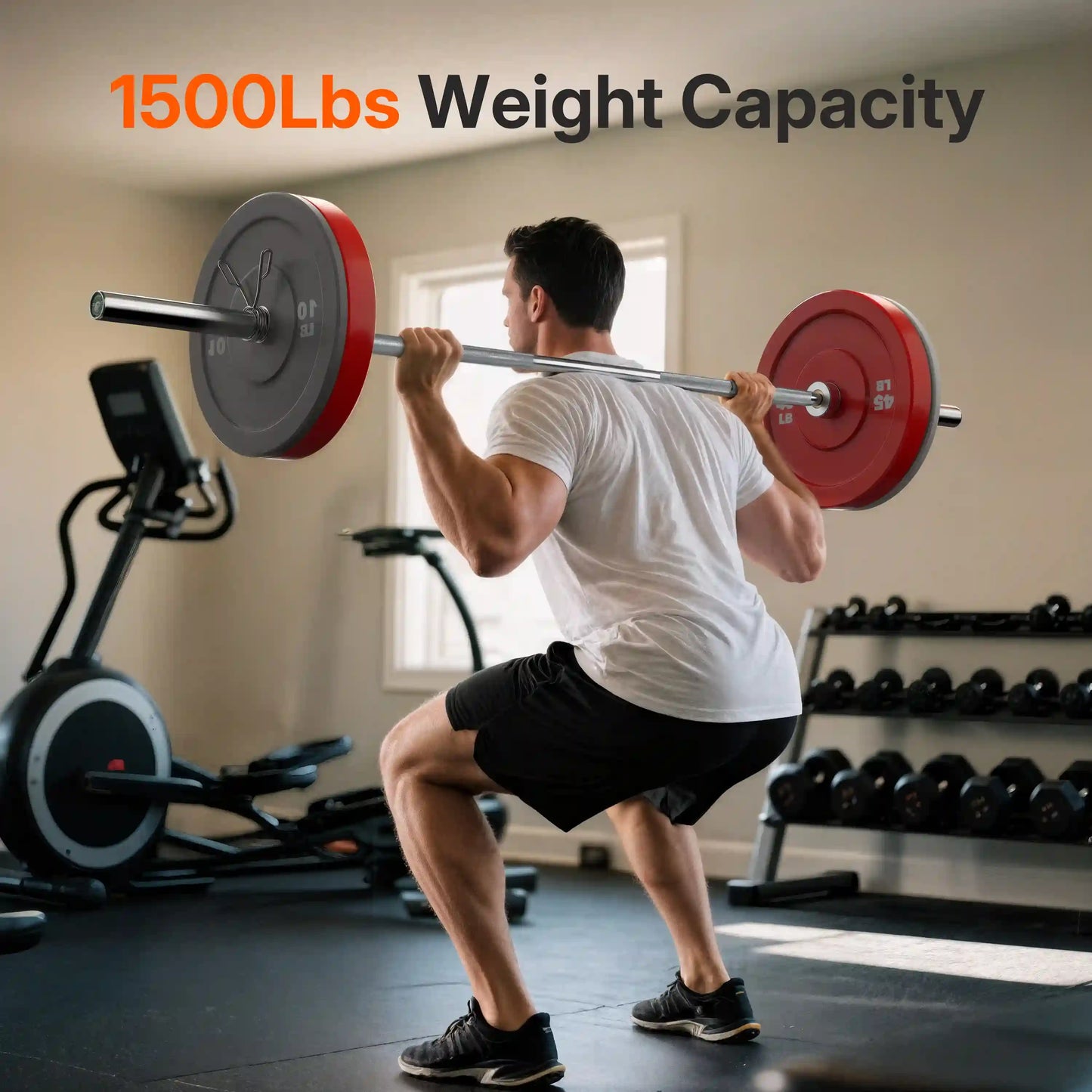 Person lifting a barbell with red weights in a gym setting, showcasing 1500Lbs weight capacity.