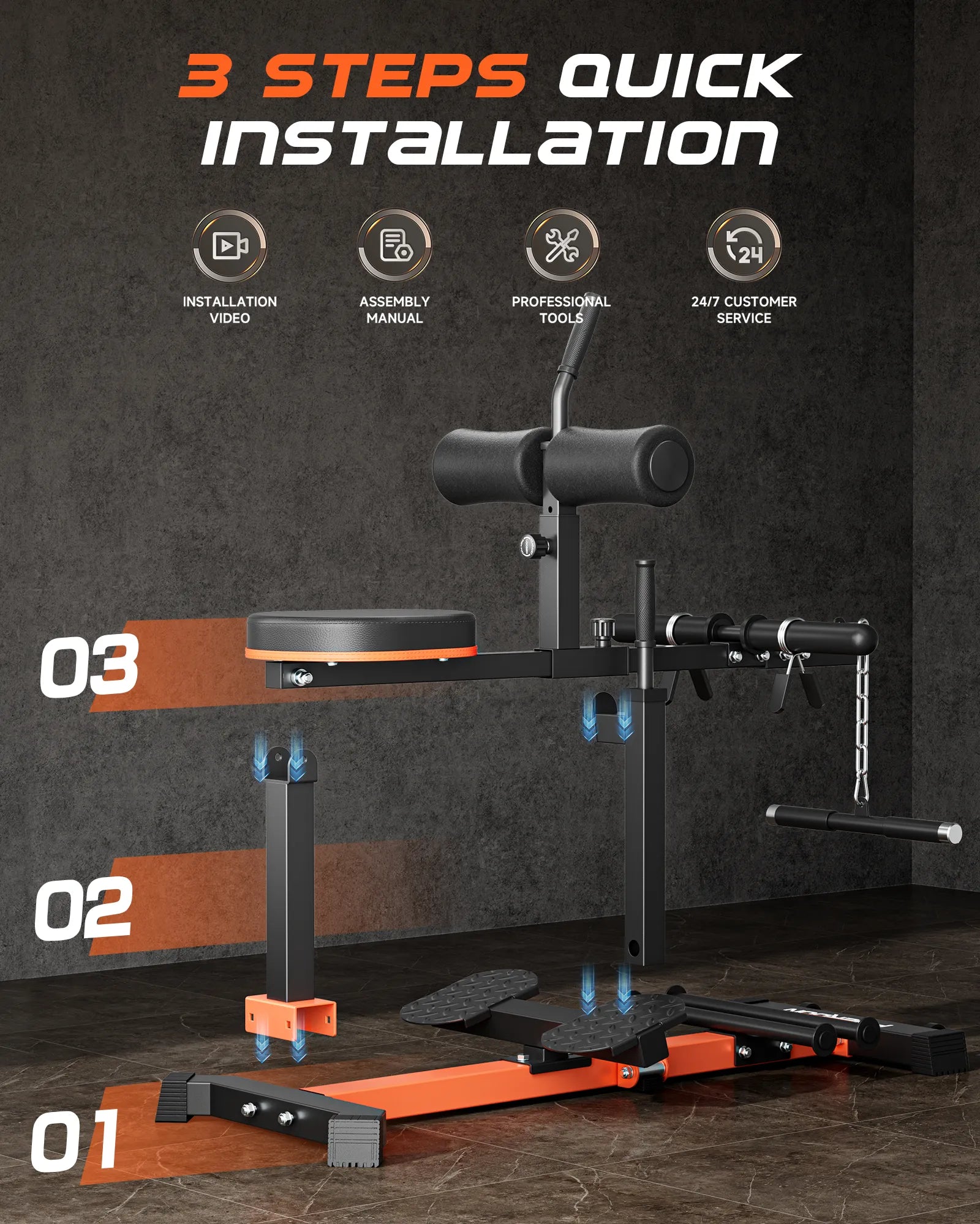 Gym setup with text on quick installation steps against a dark background