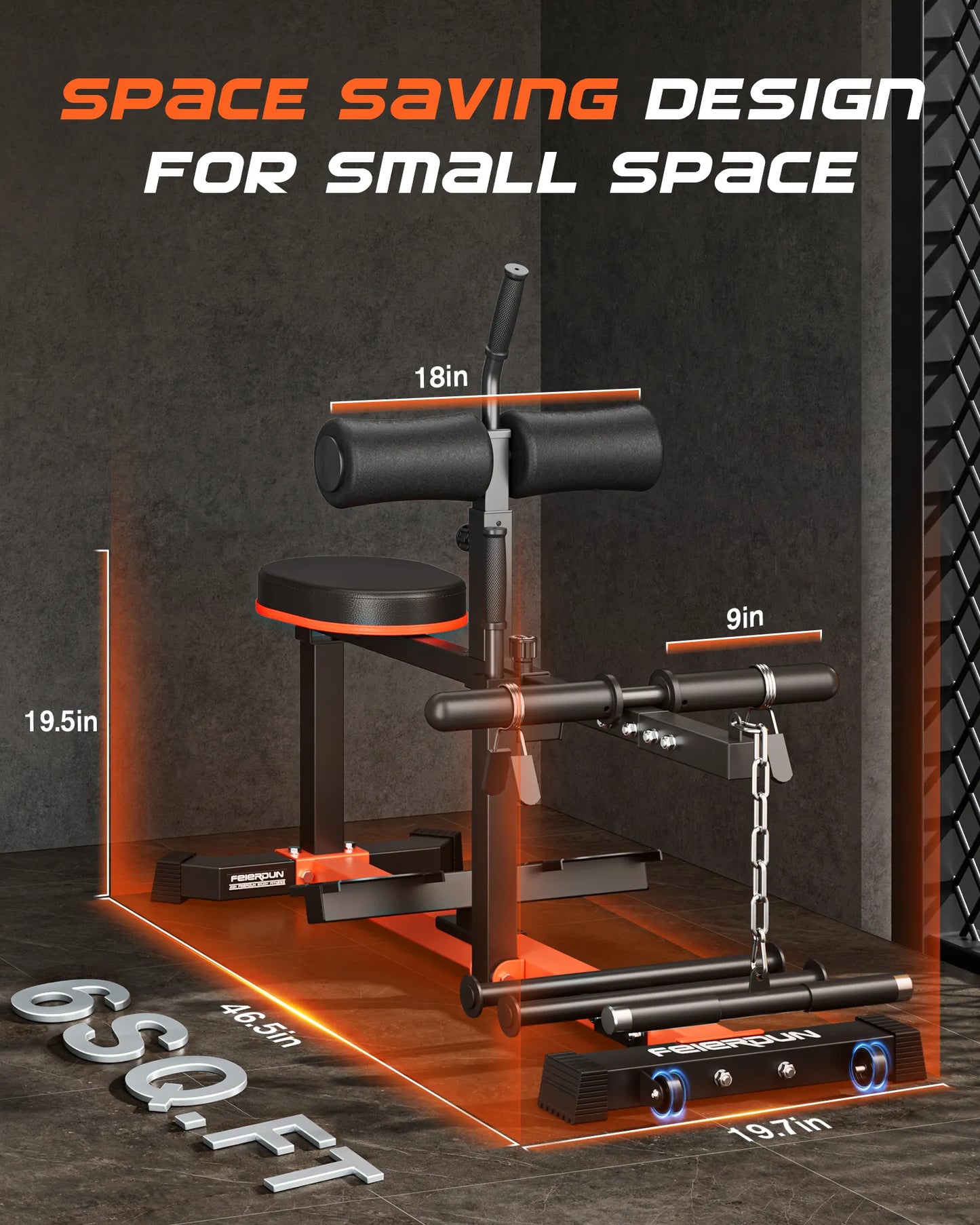 Gym machine with dimensions highlighted on a dark background, emphasizing space-saving design.
