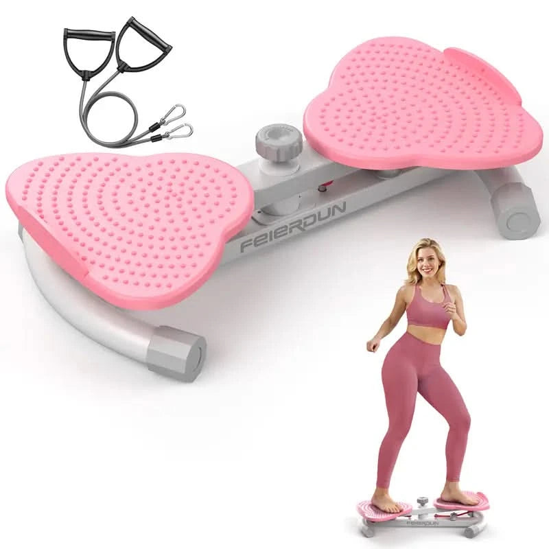 Pink and gray exercise board with resistance bands and a woman demonstrating use on a white background