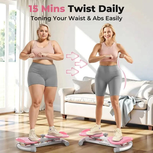 Two women using a pink and white step machine in a living room setting with text about daily twists.