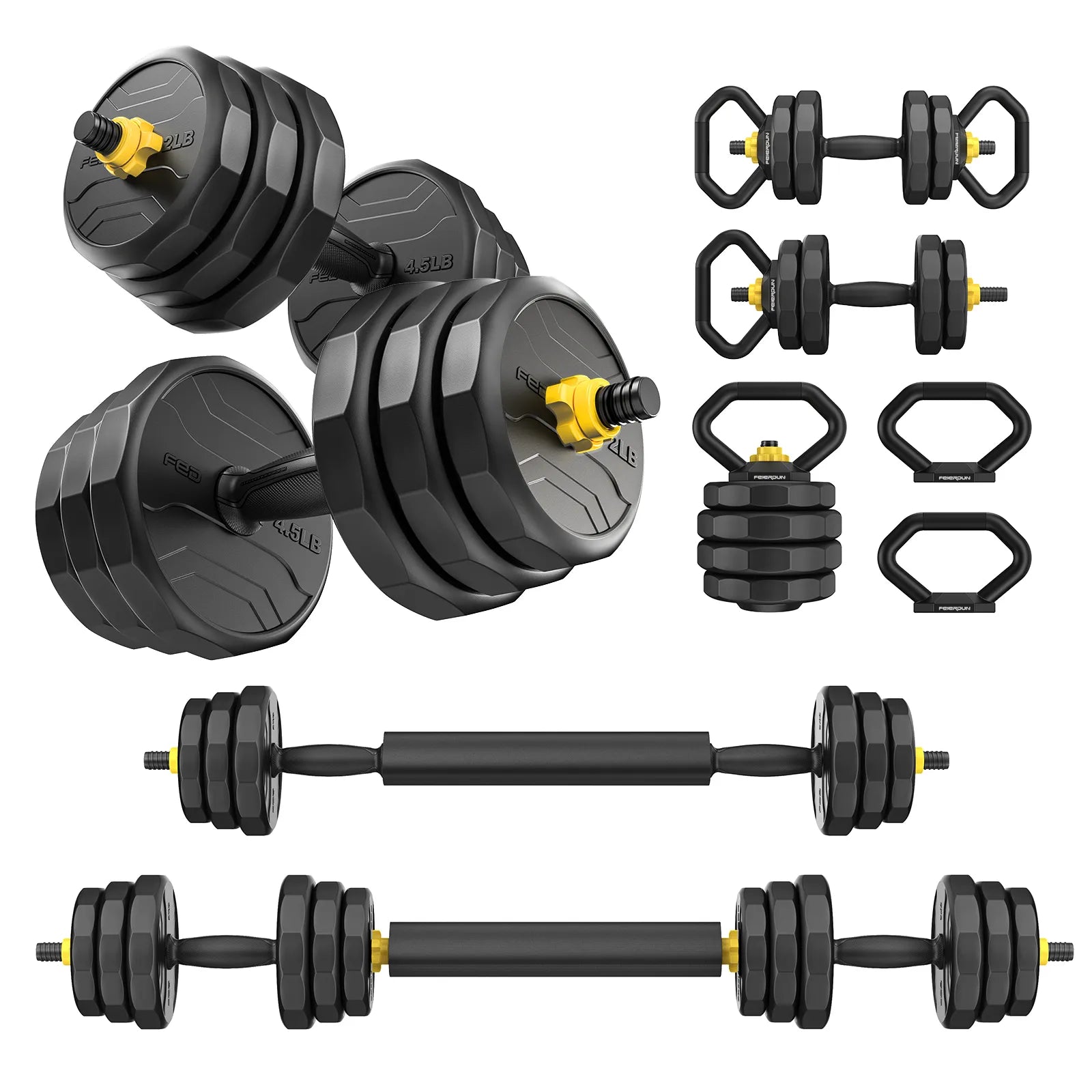 Set of adjustable dumbbells on a white background