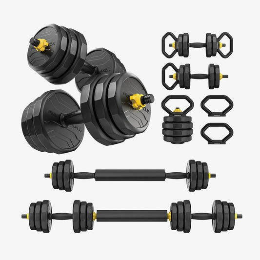 Set of adjustable dumbbells on a white background