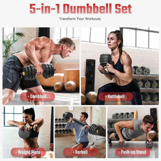 Collage of people using a 5-in-1 dumbbell set with various workout equipment.