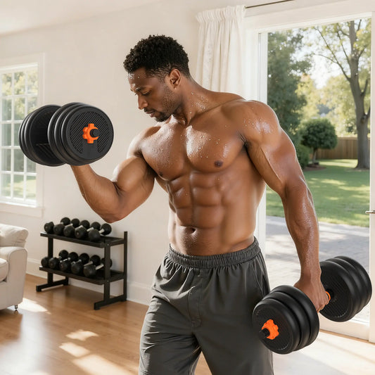 Man exercising with dumbbells in a home setting