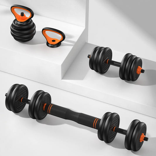 Set of adjustable dumbbells on a white background