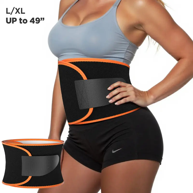 Person wearing a black waist trainer with orange accents, featuring a close-up of the product on a white background.