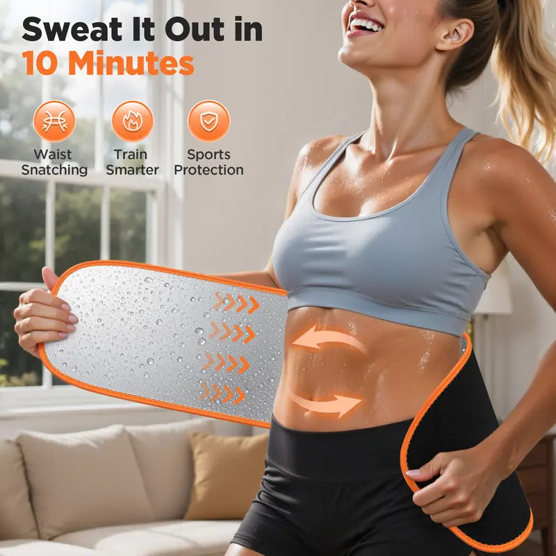 Woman using a waist trainer with text 'Sweat It Out in 10 Minutes' and icons indicating features.