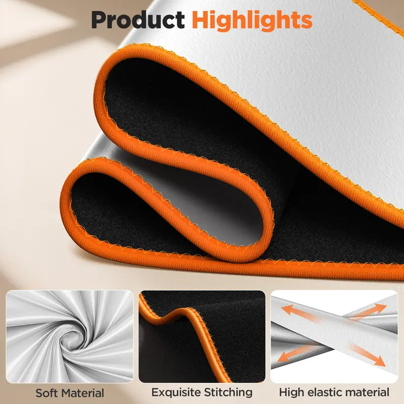 Close-up of a product with orange and black details, featuring text 'Product Highlights' and insets showing material properties.