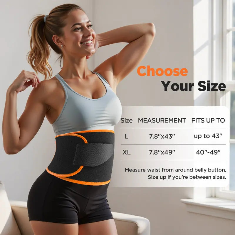 Woman wearing a waist trainer with size chart information on a light background