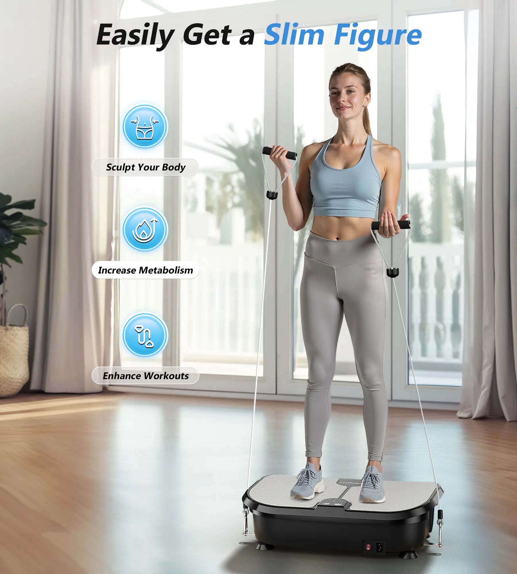 Woman using a vibration plate with text on benefits in a home setting