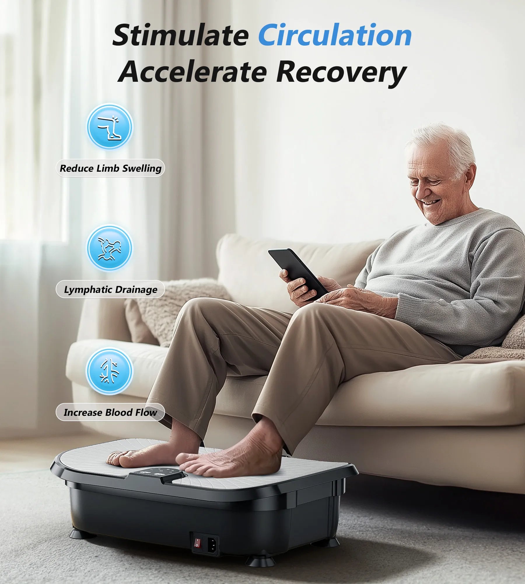 Man using a foot massager with text highlighting benefits on a living room background