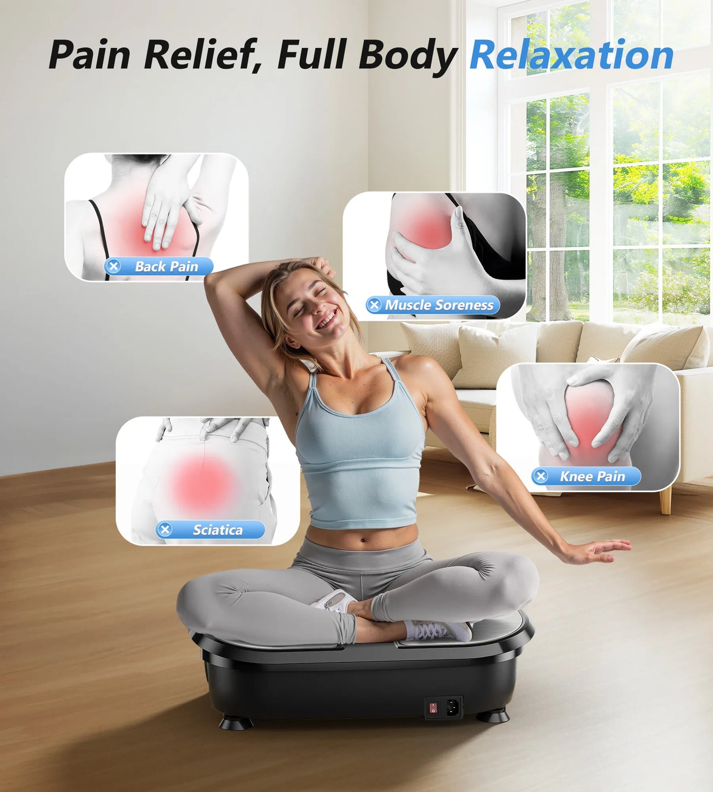 Woman using a full-body vibration machine with text on pain relief and relaxation.