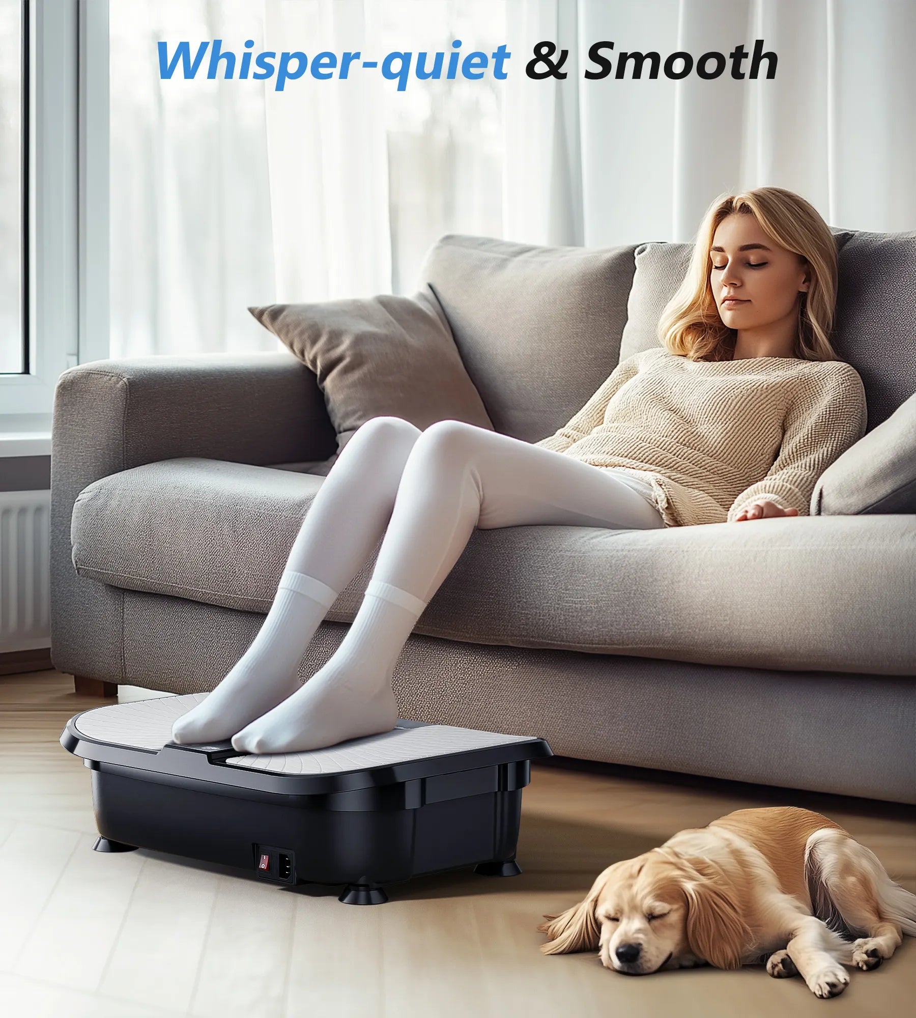 Woman relaxing on a couch with a dog next to a foot massager, emphasizing 'Whisper-quiet & Smooth' feature.