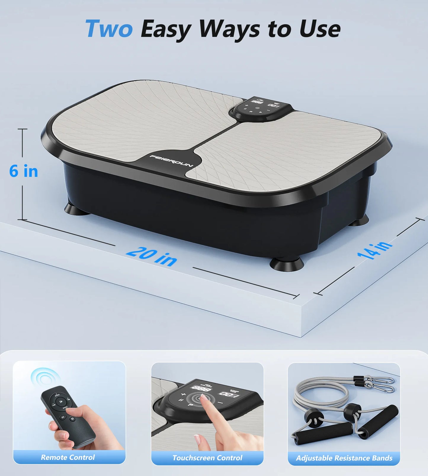 Vibration plate with remote control, touchscreen control, and resistance bands on a light blue background