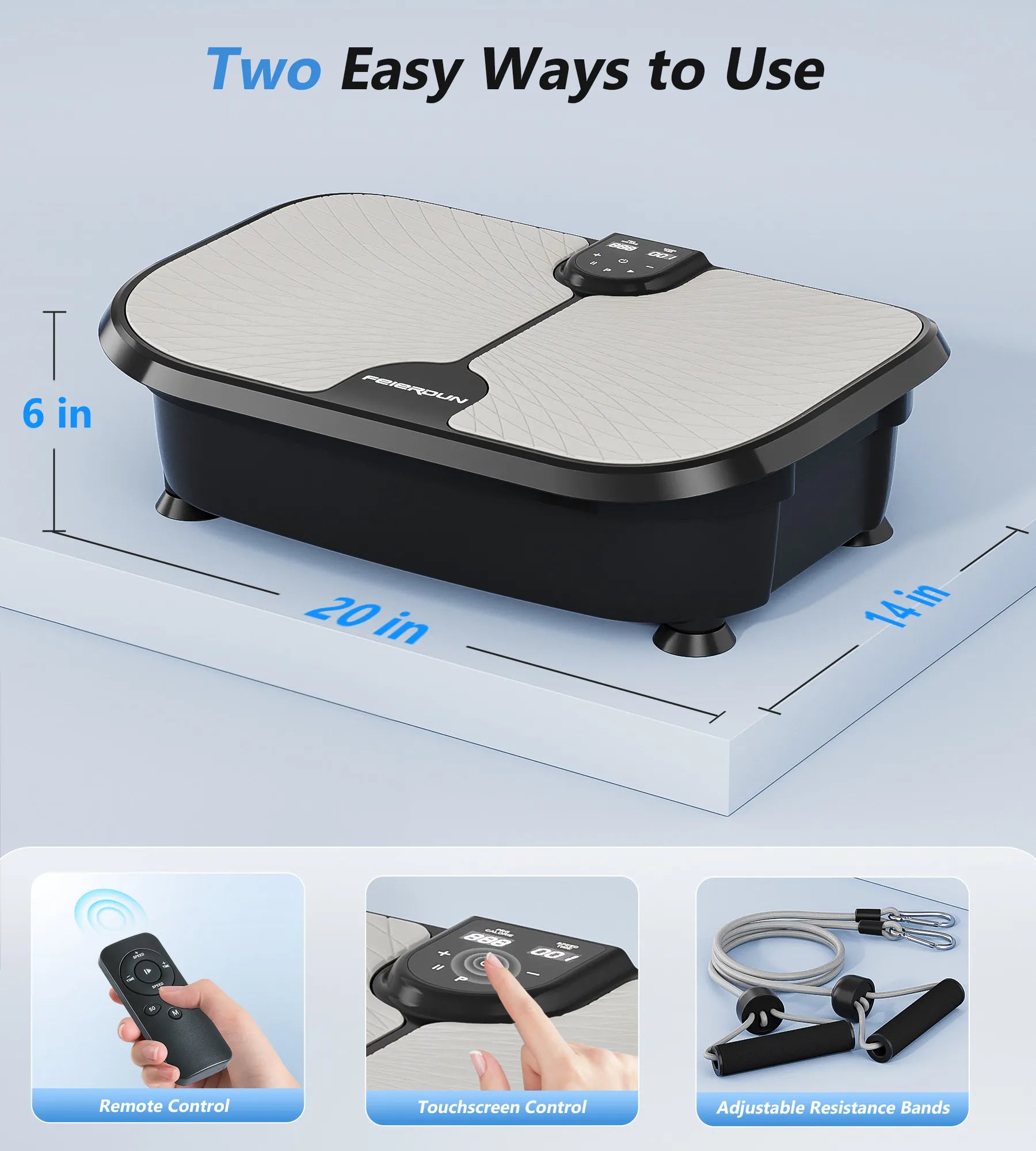Vibration plate with remote control, touchscreen control, and resistance bands on a light blue background