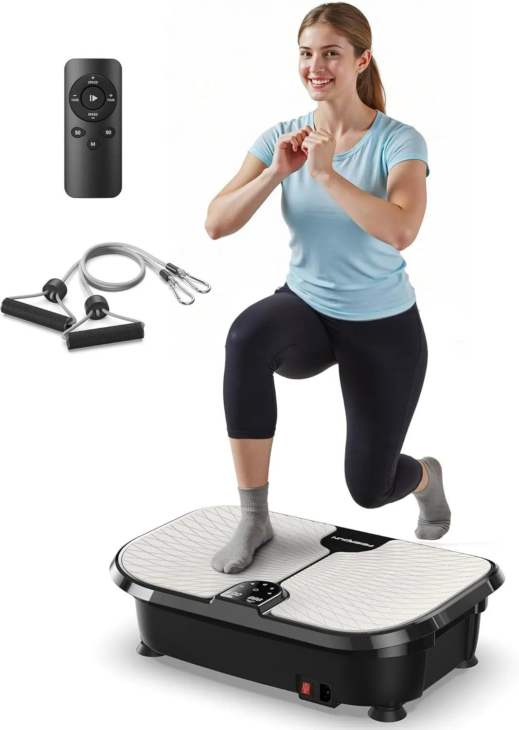 Woman using a vibration plate with resistance bands and remote control on a white background