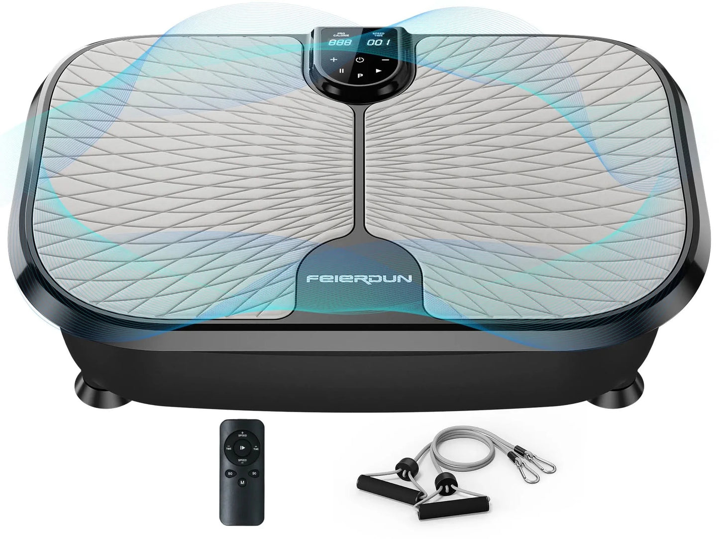 Feierdun vibration plate with remote control and resistance bands on a white background