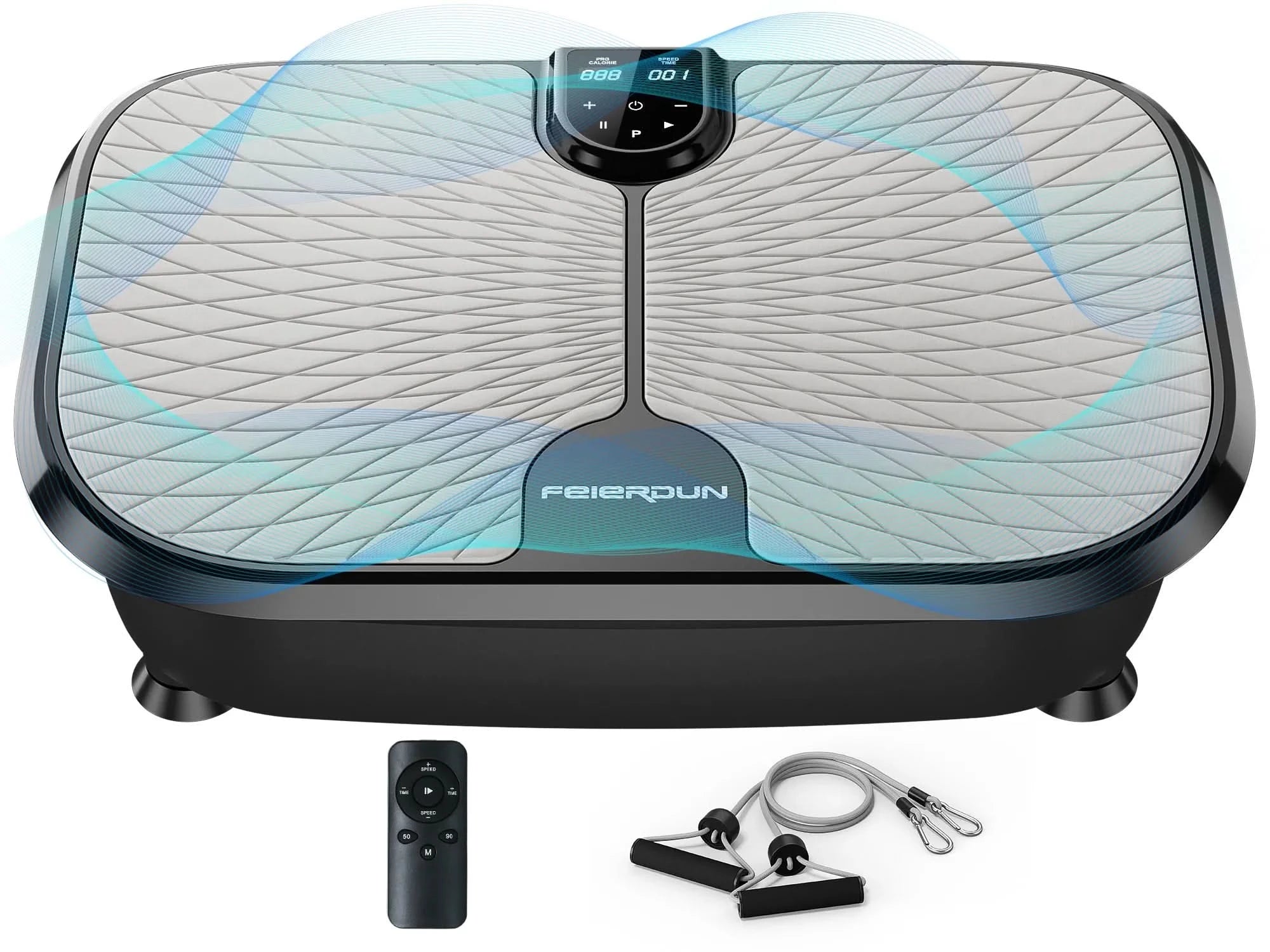 Feierdun vibration plate with remote control and resistance bands on a white background