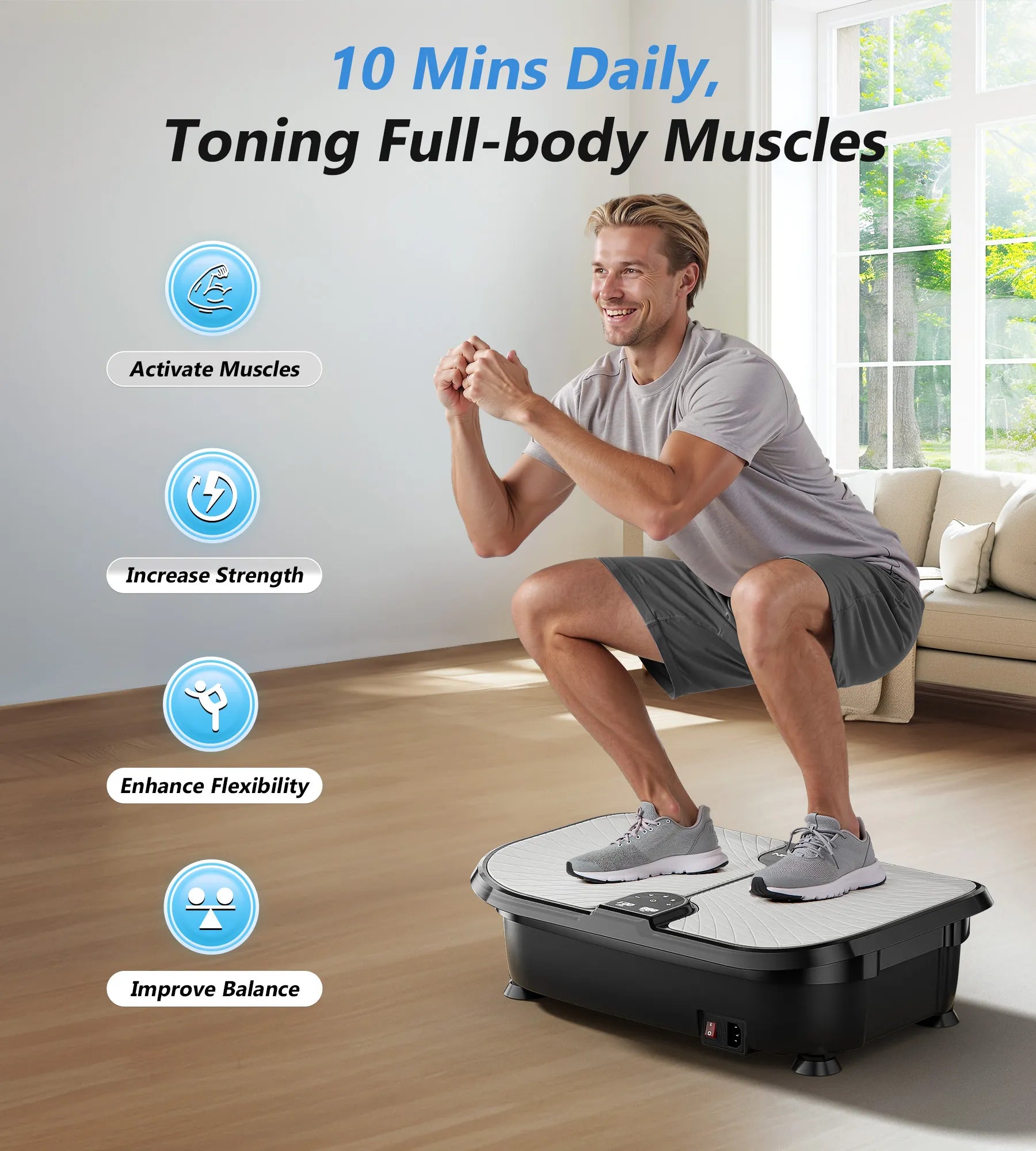Man using a vibration plate in a home setting with text highlighting benefits.
