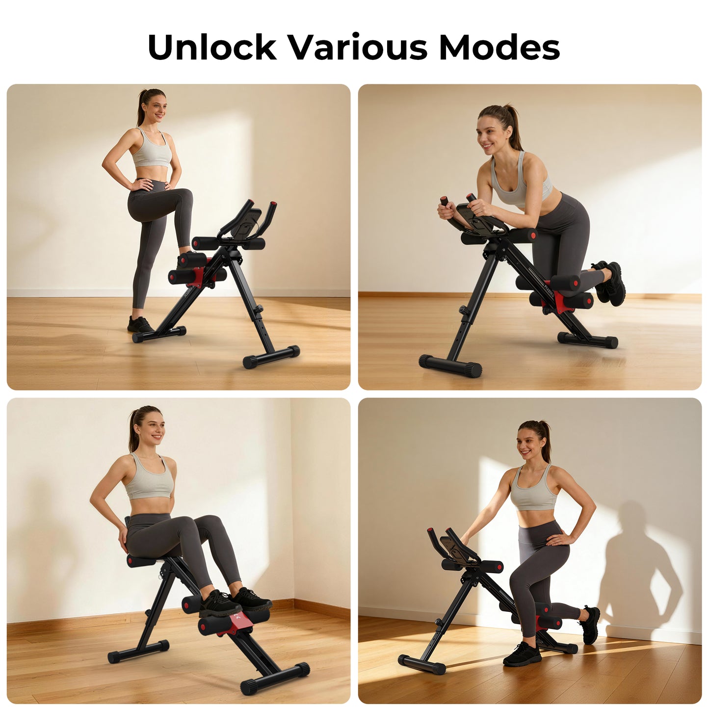 Woman using a foldable exercise bike in various positions on a wooden floor.