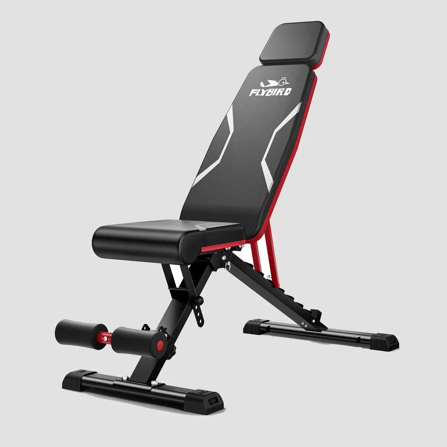Black and red adjustable weight bench with 'Flybird' branding on a gray background