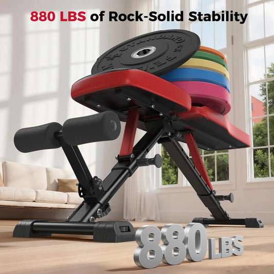 Adjustable weight bench with colorful weight plates on a wooden floor in a room with large windows.