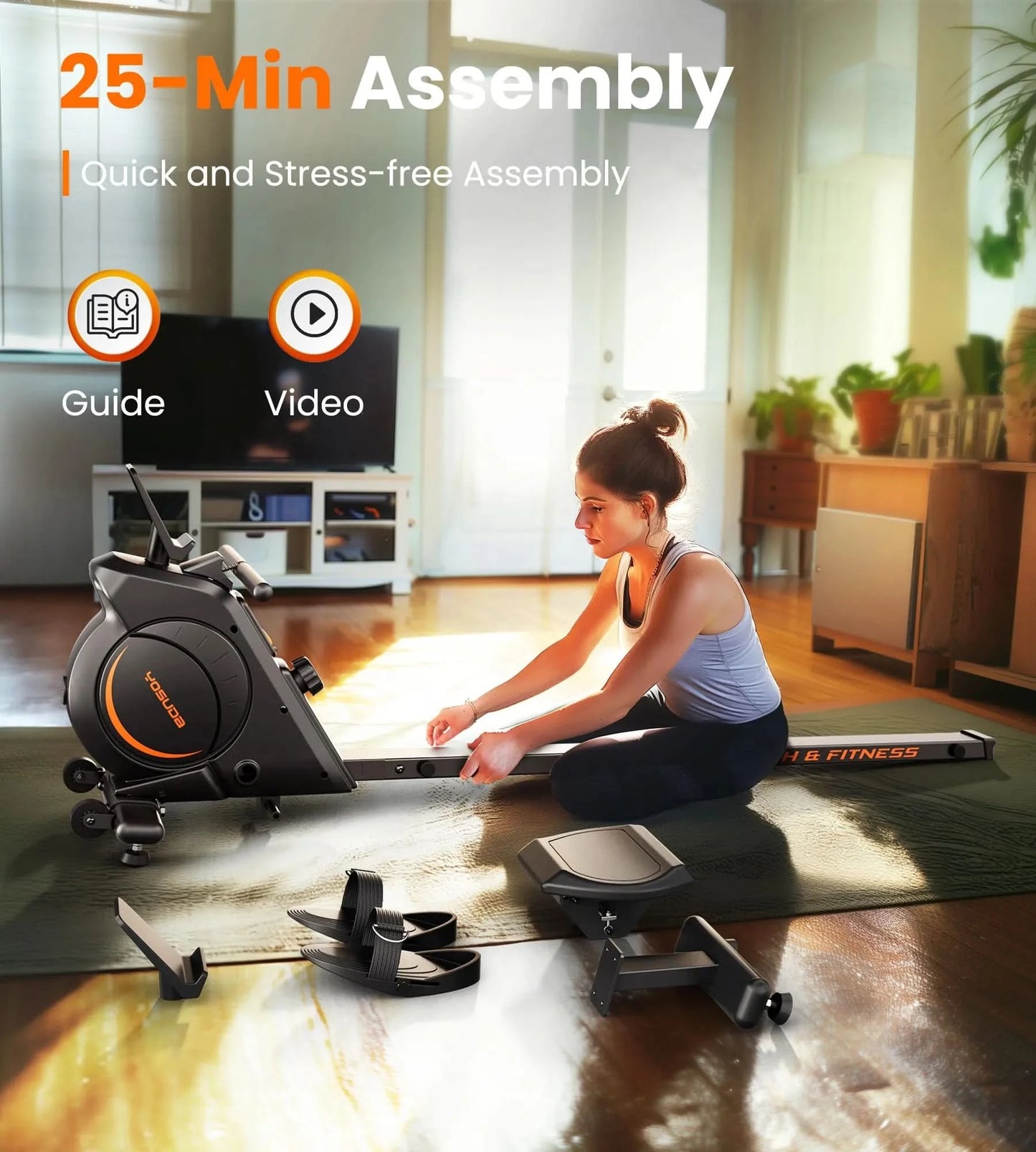 Woman assembling a piece of exercise equipment in a living room with text about assembly time and guides/videos.