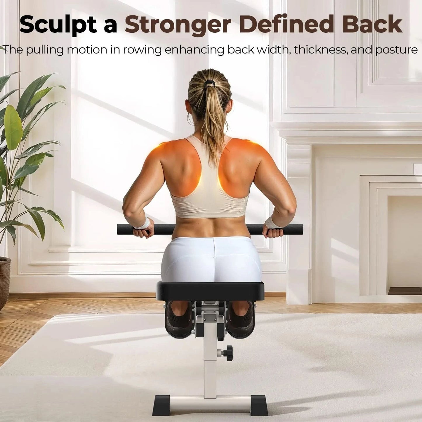 Woman using a back exercise machine in a home setting with text about back sculpting.