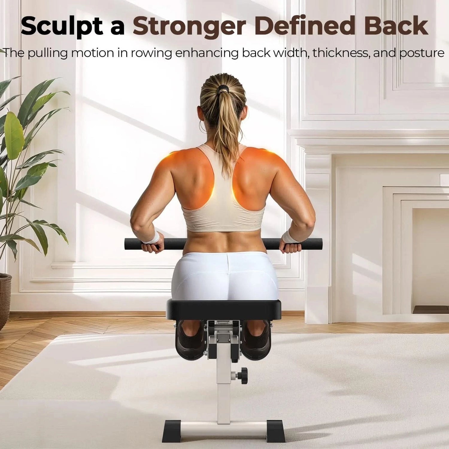 Woman using a back exercise machine in a home setting with text about back sculpting.