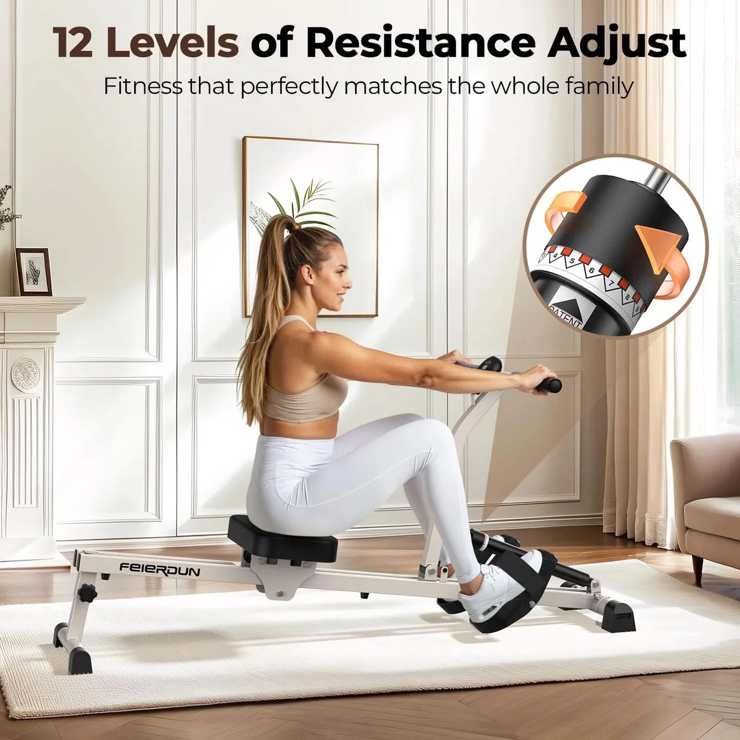 Woman using a Feierdun rowing machine with text about resistance levels and family fitness.