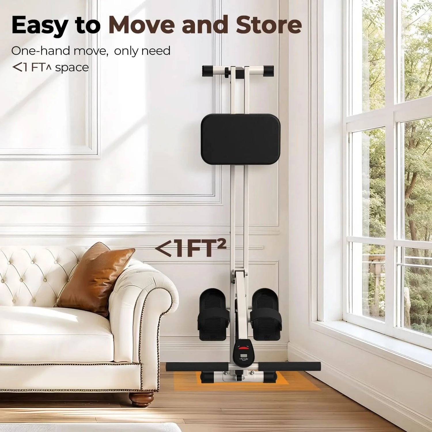 Home exercise machine in a living room with text about ease of movement and storage.