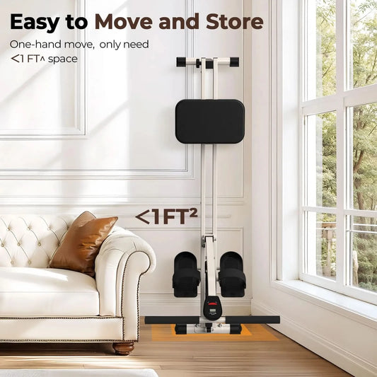 Home exercise machine in a living room with text about ease of movement and storage.
