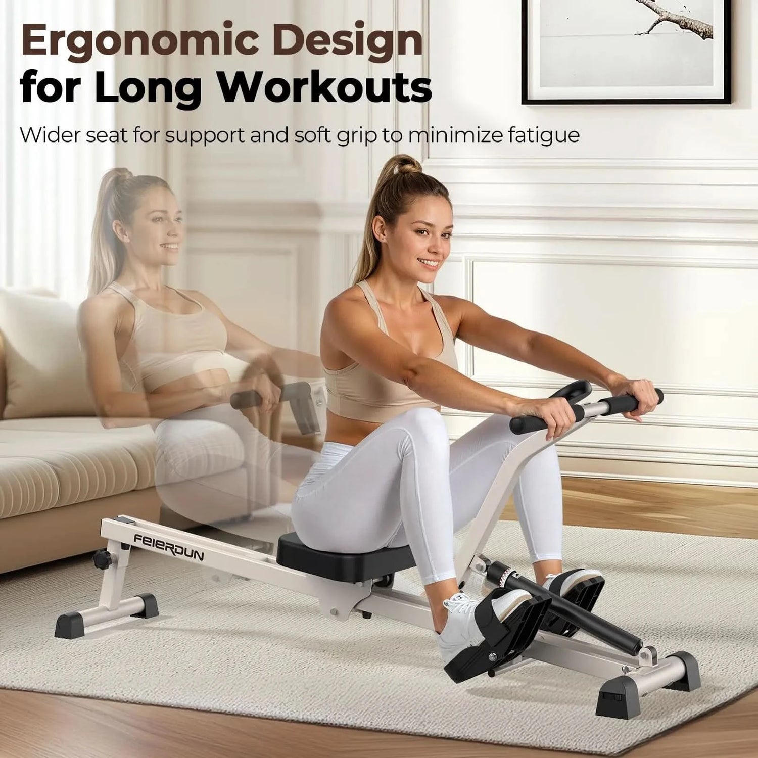 Woman using a home exercise bike with text highlighting ergonomic design for long workouts.