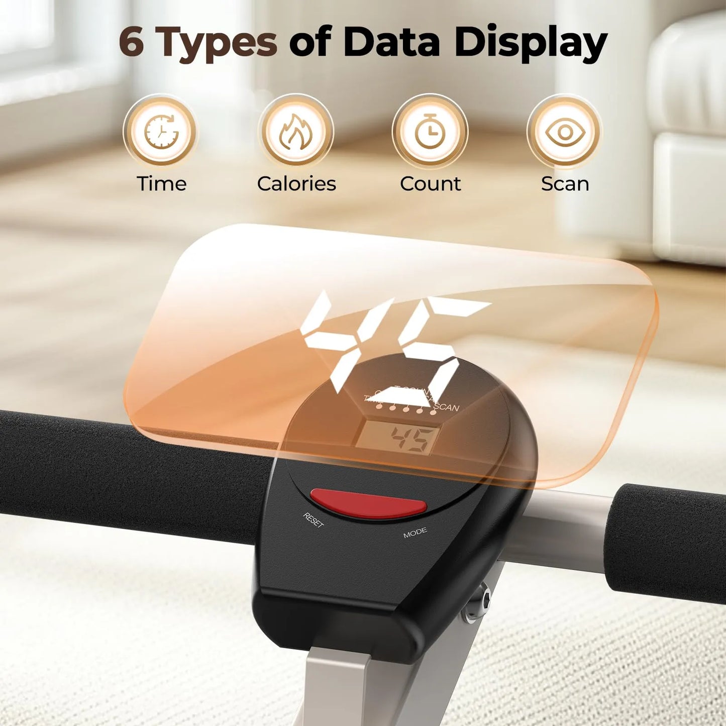 Digital display on a piece of exercise equipment with icons for time, calories, count, and scan.