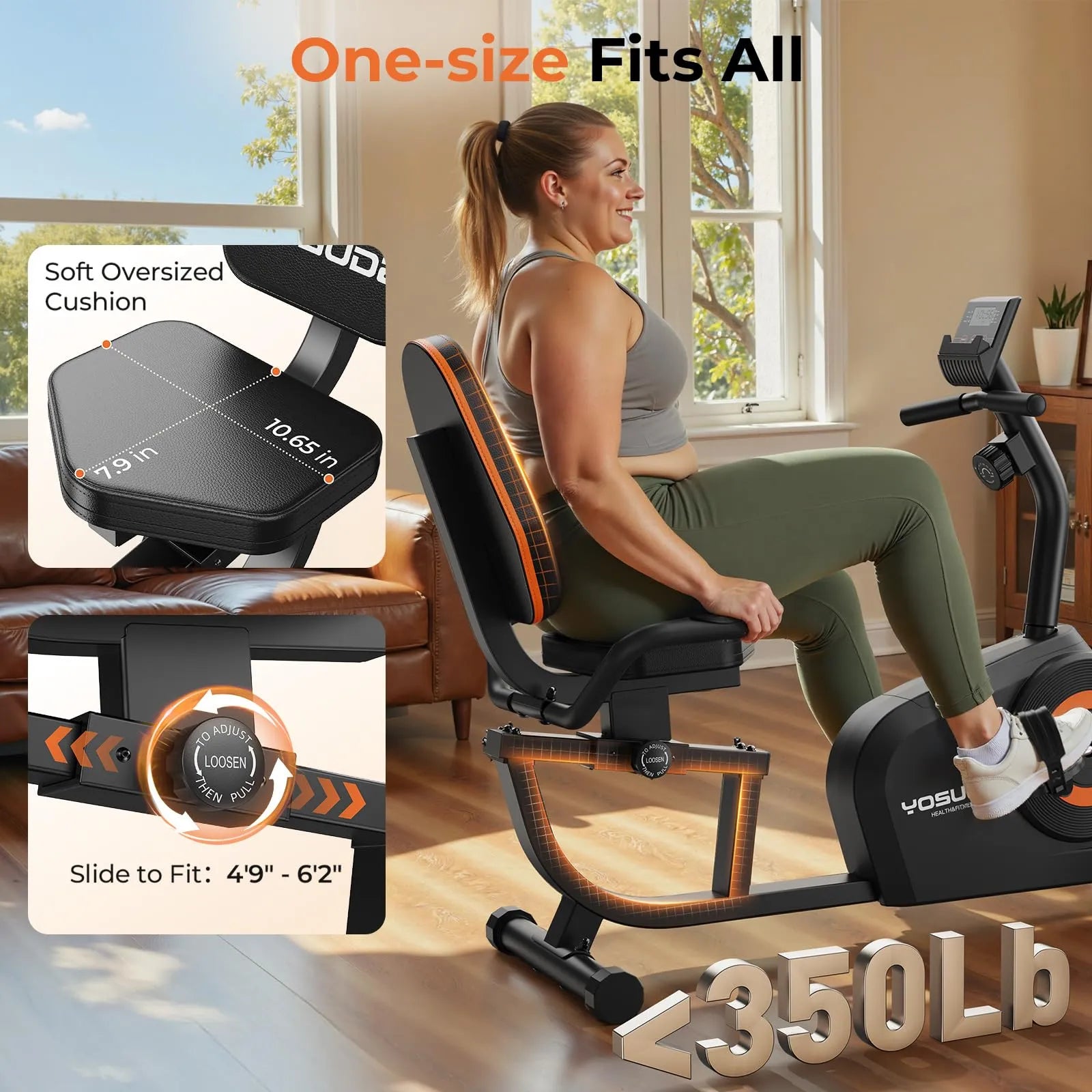 Woman using a YOSUU exercise bike with cushion details and weight capacity text.