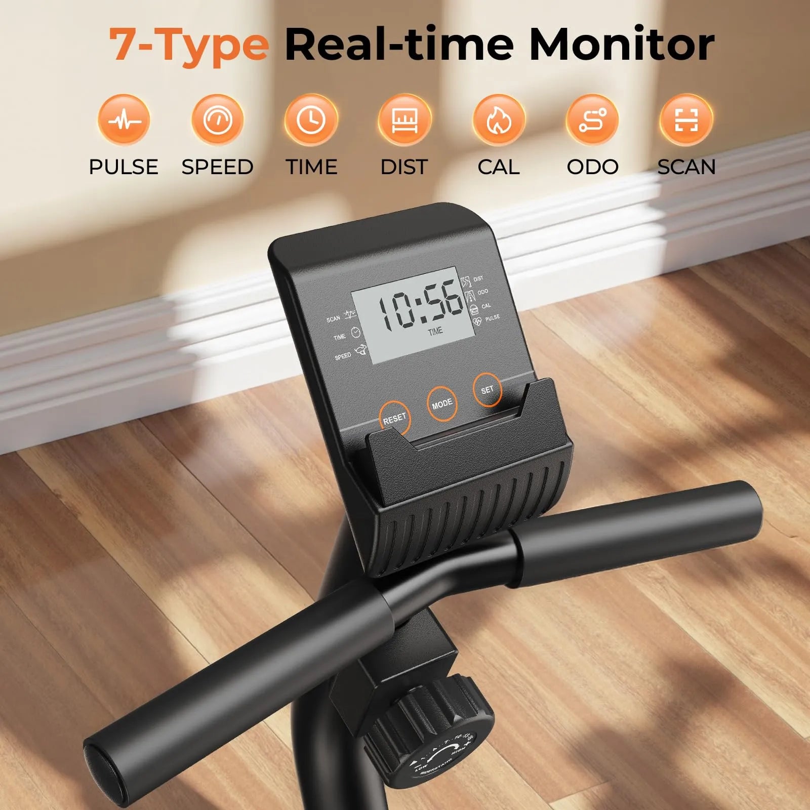 Digital device with handlebar on a wooden floor, displaying '7-Type Real-time Monitor' features.