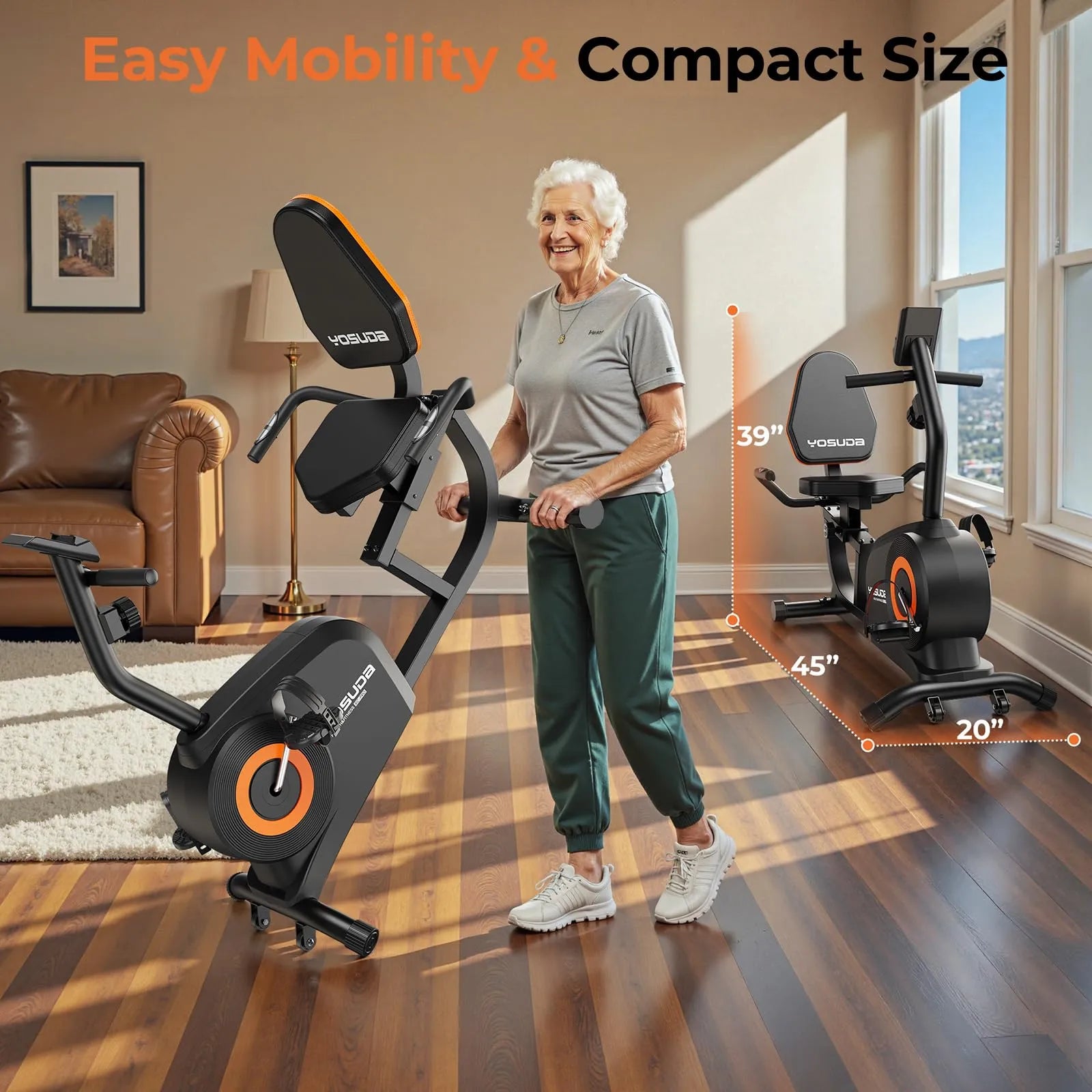 Woman standing next to a compact exercise bike in a living room with dimensions displayed.