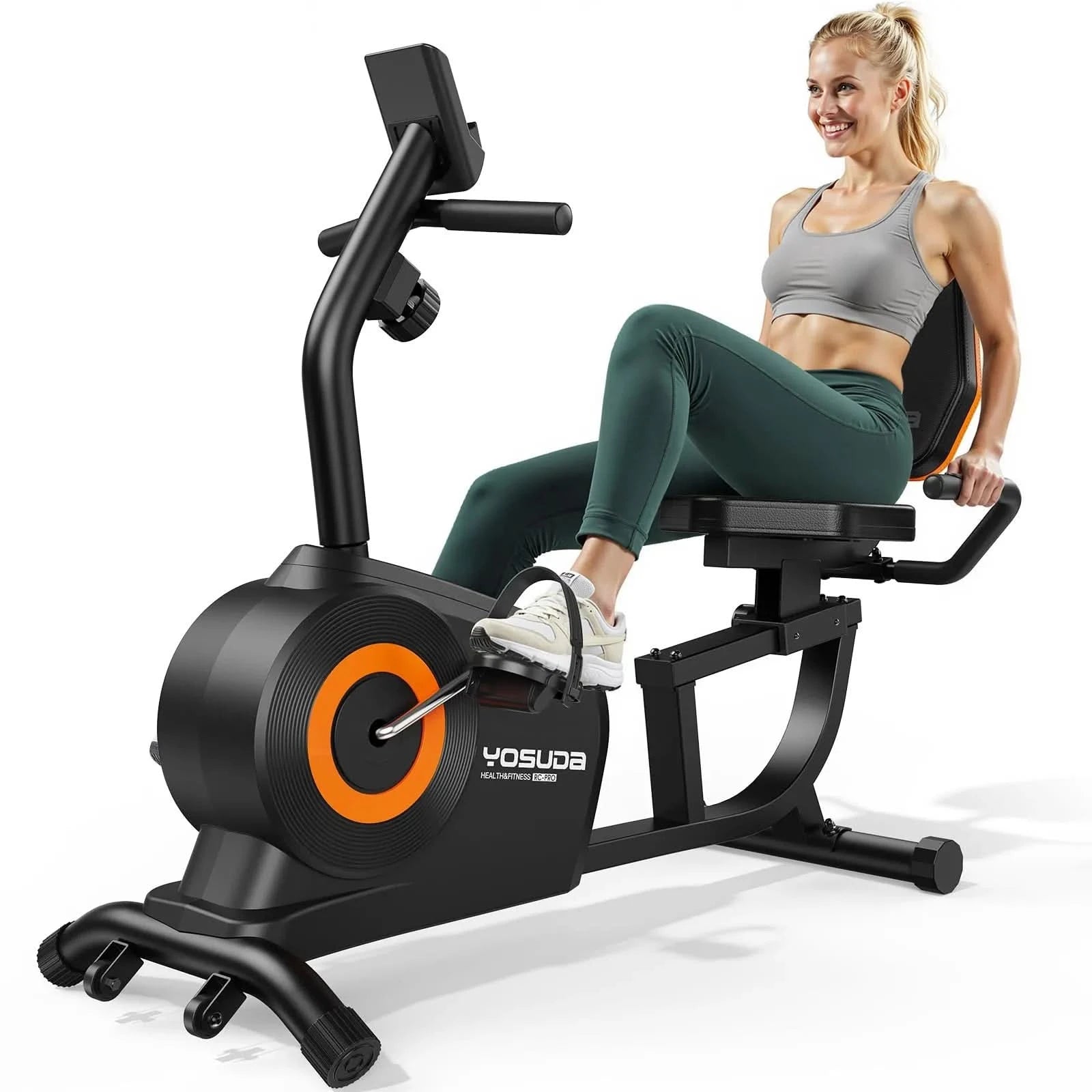 Woman exercising on a Yosuda exercise bike against a white background