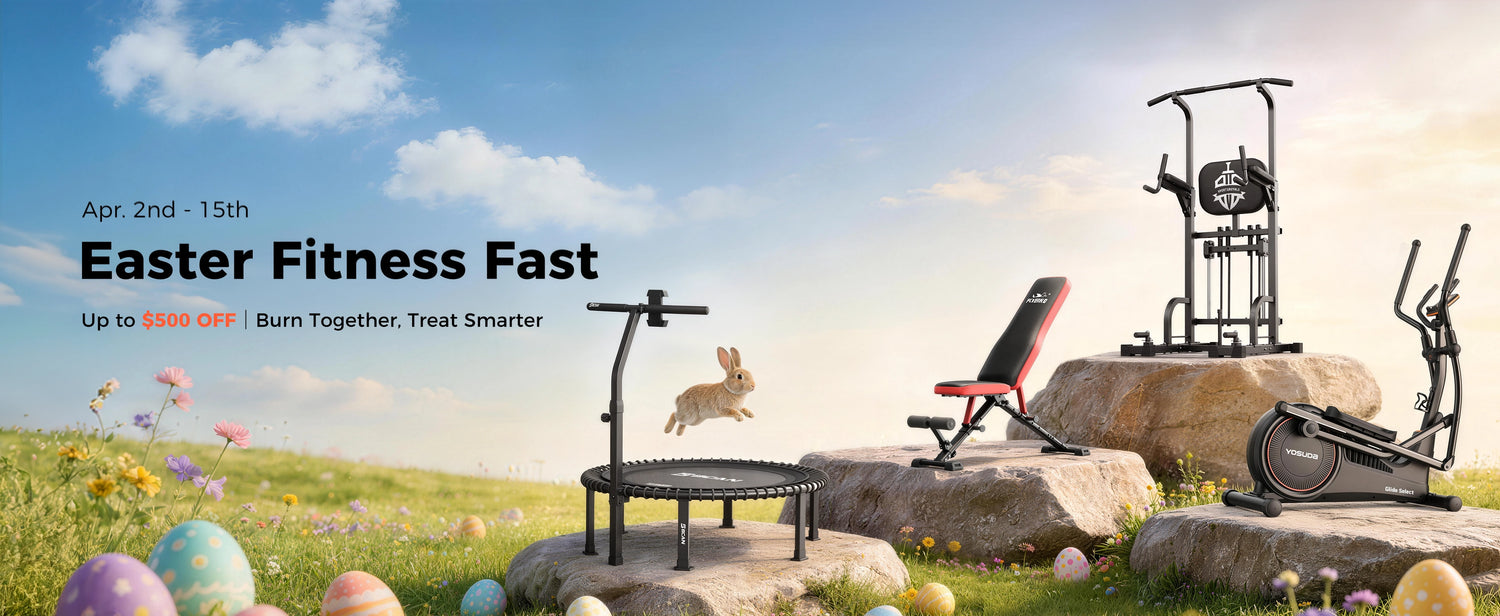 Fitness equipment with Easter eggs and a rabbit on a grassy field with a blue sky.