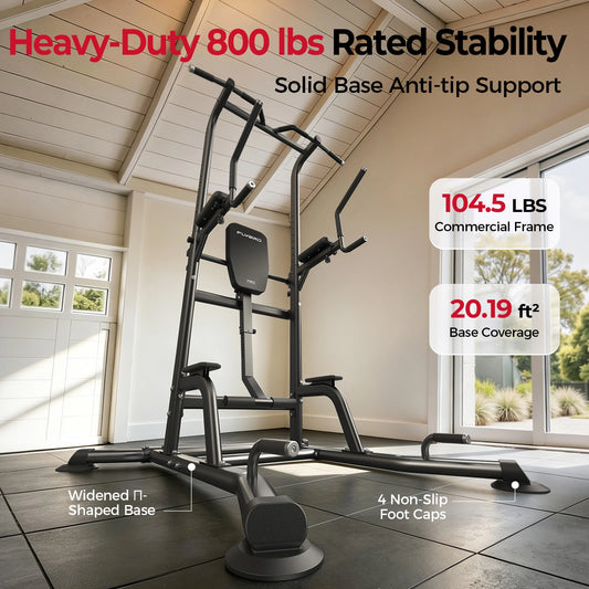 Gym exercise tower with stability and capacity features displayed indoors.