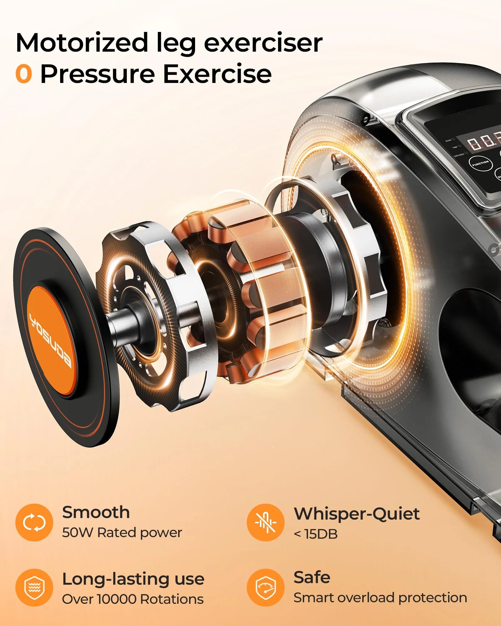 Motorized leg exerciser with detailed design and features on a beige background