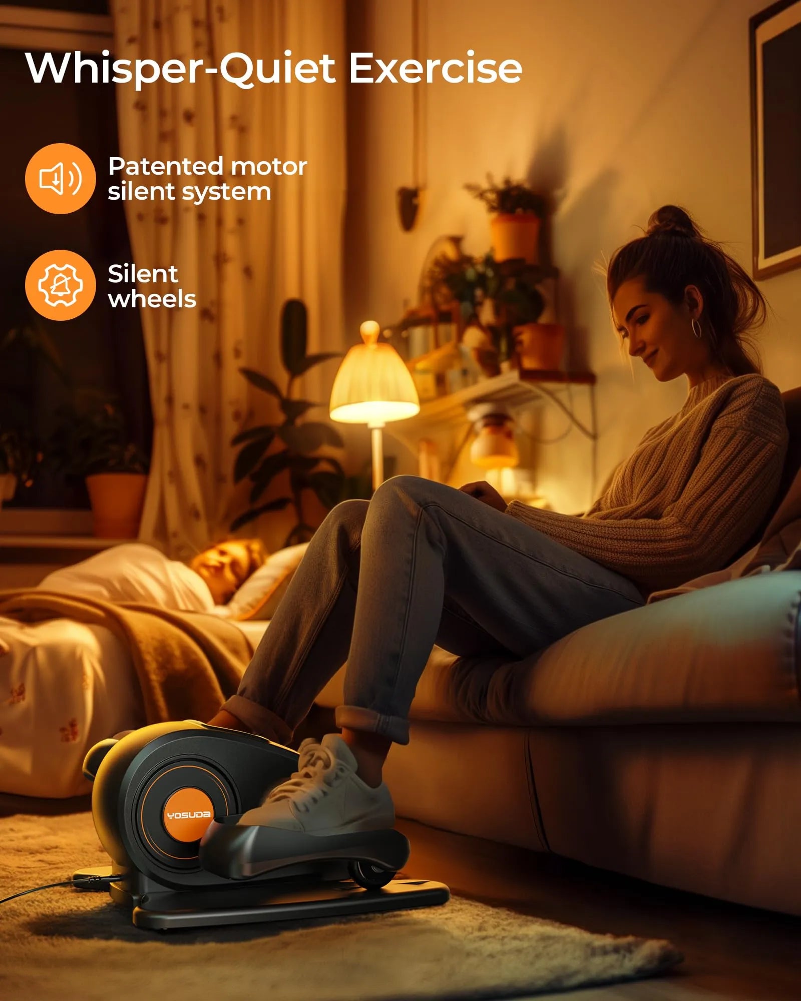 Person using a Quiet Exercise machine in a cozy living room with 'Whisper-Quiet Exercise' text and branding.
