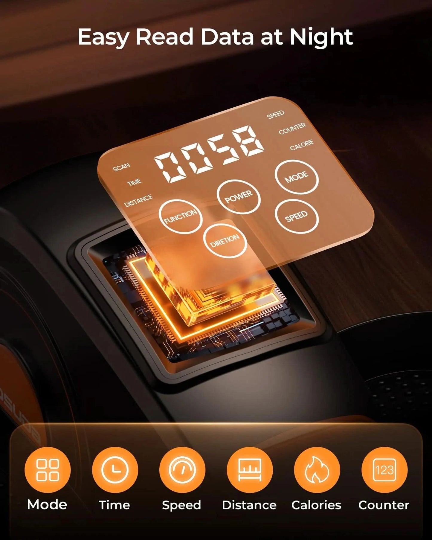 Digital display with glowing orange numbers and buttons on a dark background