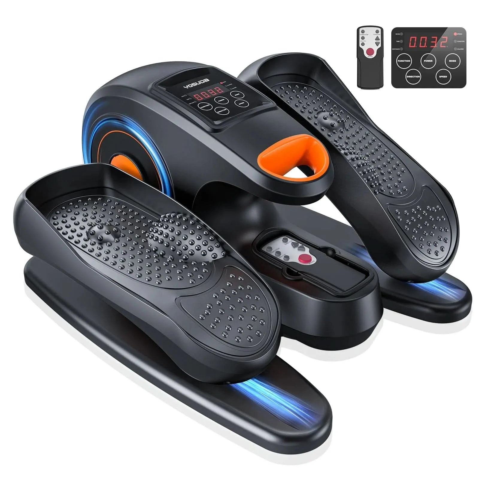 Black and orange vibration plate with digital display and remote control on a white background