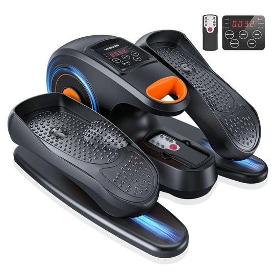 Black and orange vibration plate with digital display and remote control on a white background
