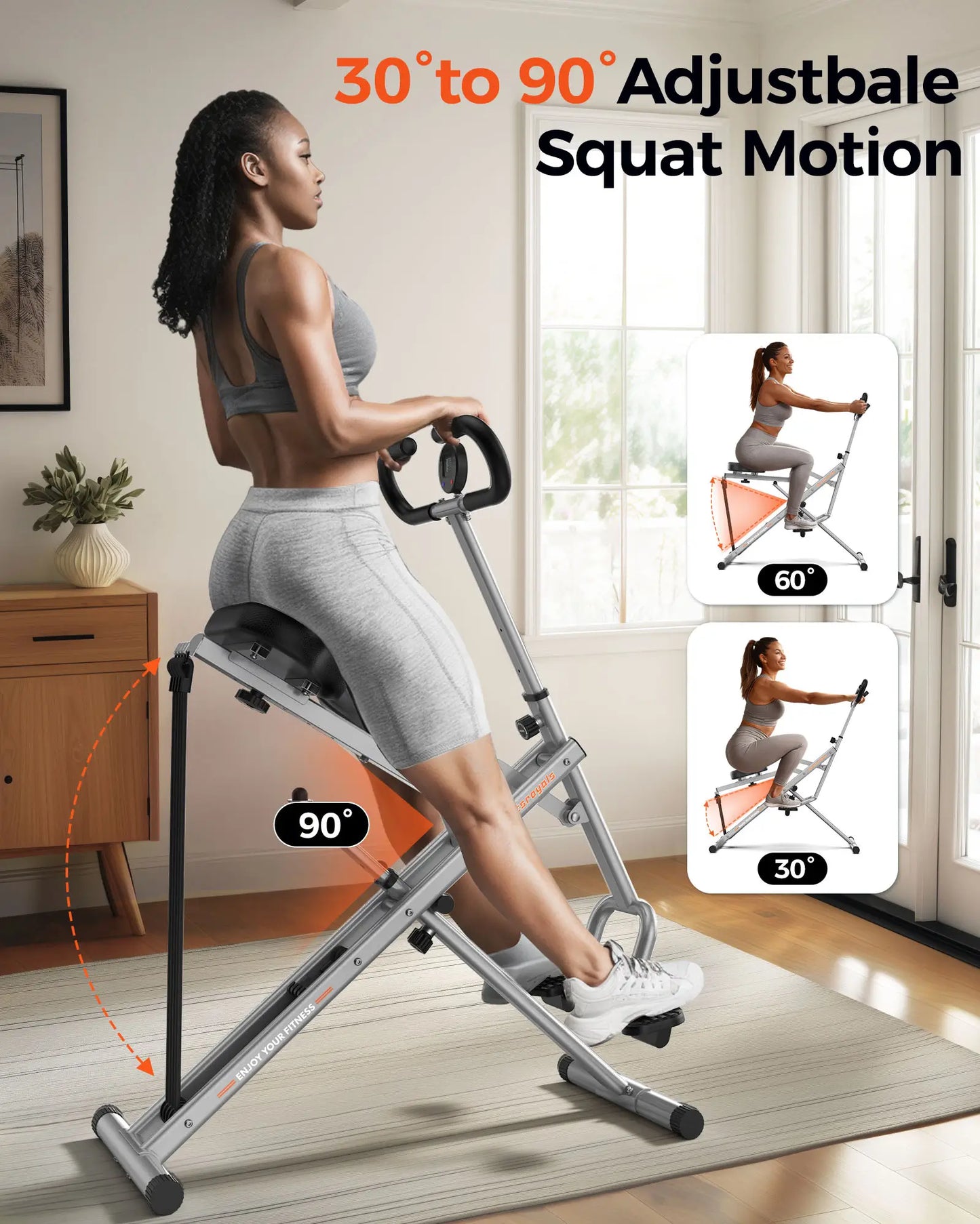 Woman using a adjustable squat motion machine in a home setting with text indicating adjustable squat angles.